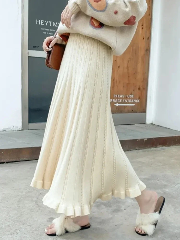 

Soft A-line Sweater Skirts Women Fashion Solid Color Elastic High Waist Waves Skirt New Spring Fall Mid Length Faldas New P593