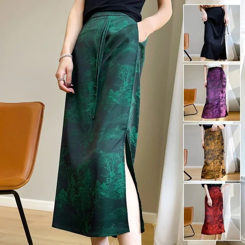 

Chinese Style Summer Vintage Women Maxi Skirt Side Slit Satin Skirts Cheongsam Jacquard Weave Bodycon Long Skirt Streetwear L663