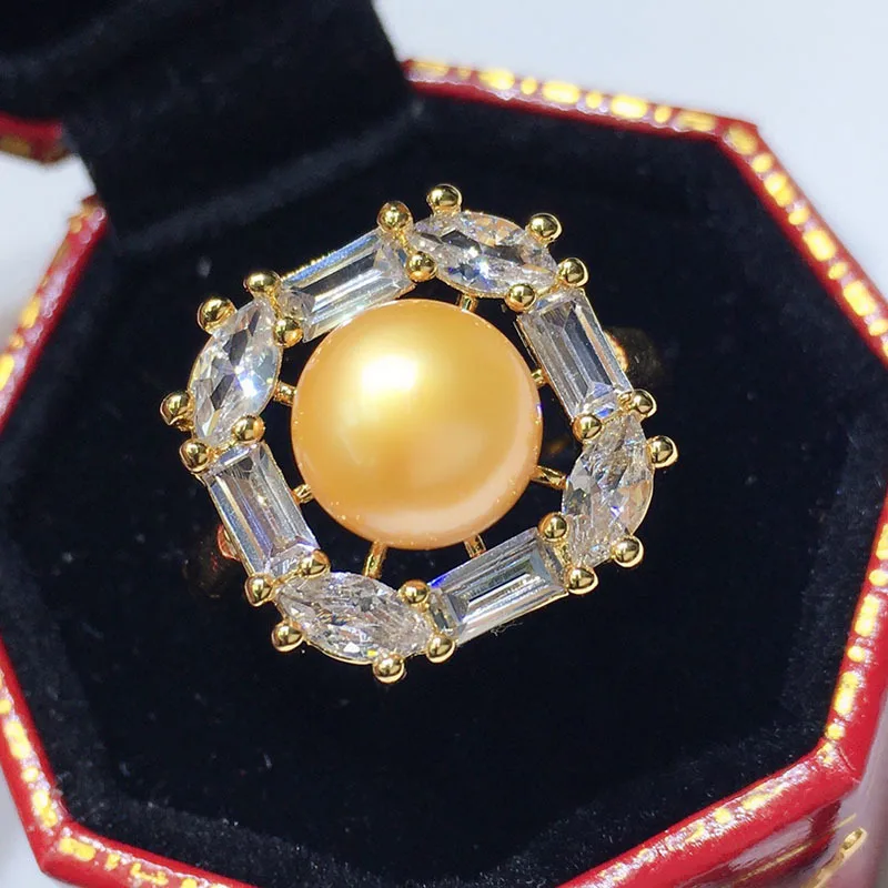 Pearl set female golden light 8-9mm pendant earrings ring set of three 18K gold-plated fashion elegant