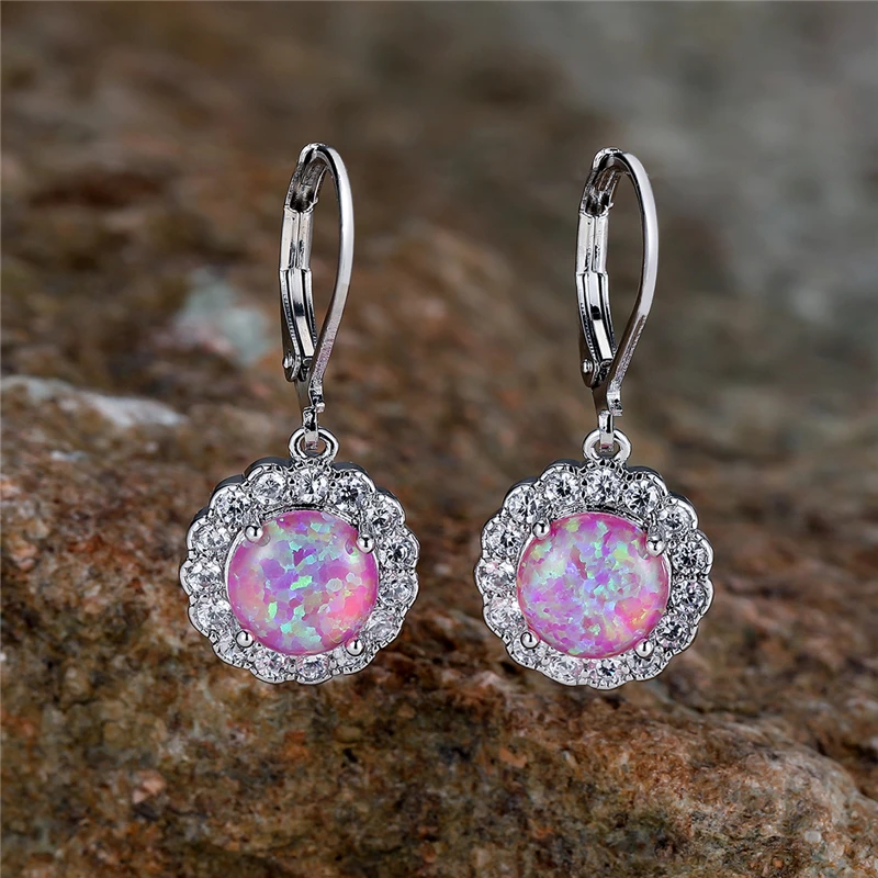 Cute White Blue Fire Opal Stone Round Hoop Earrings For Women Charm Female Silver Color Wedding Jewelry Gift