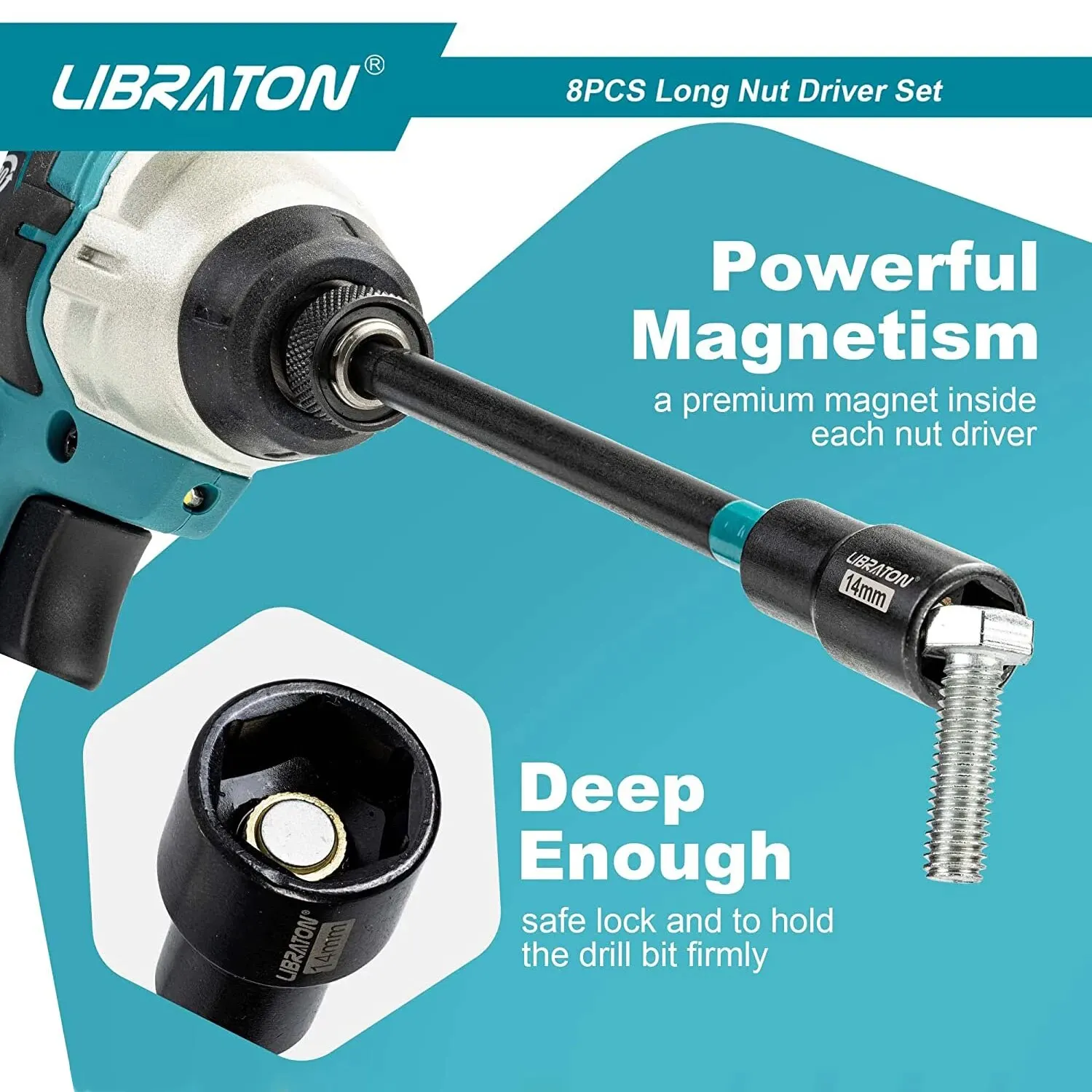 Libraton 8PCS Magnetic Nut Driver Set Metric Long Nut Drivers Impact Drill Long Shank Nut Driver Bits Hex Shank Long Power Bits 5