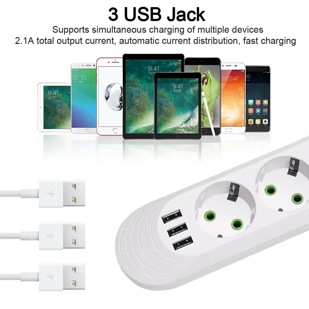 2500W EU plug power strip 2m extension cord electrical socket network filter with USB ports fast charging