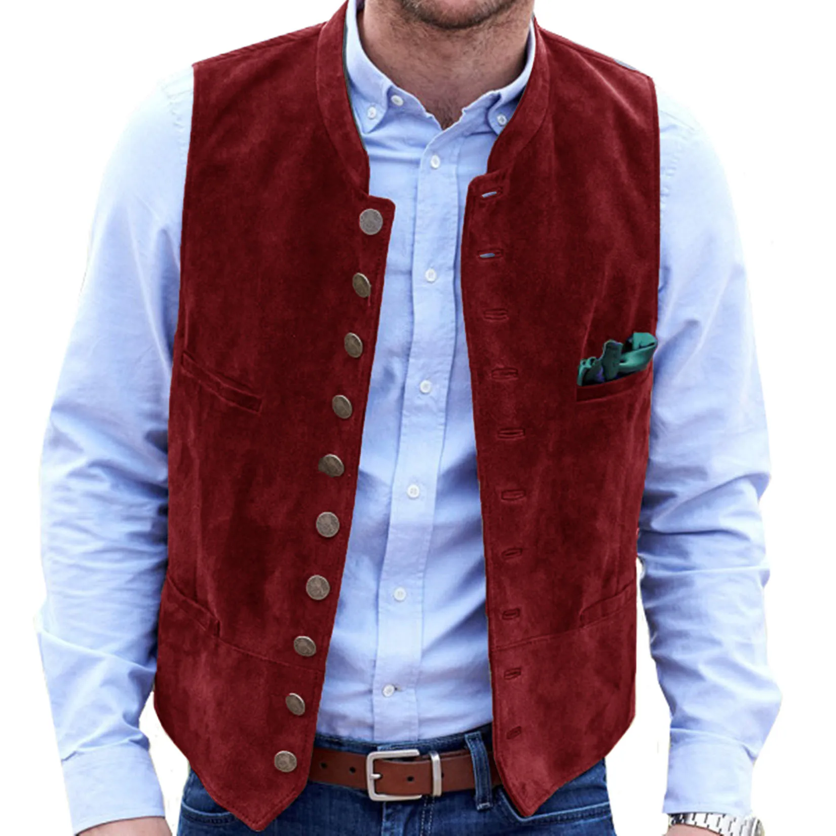 Men Brown Frosted Velvet Vest Daily Casual Style Waistcoat Round Neck Single Breasted Sleeveless Male Jacket