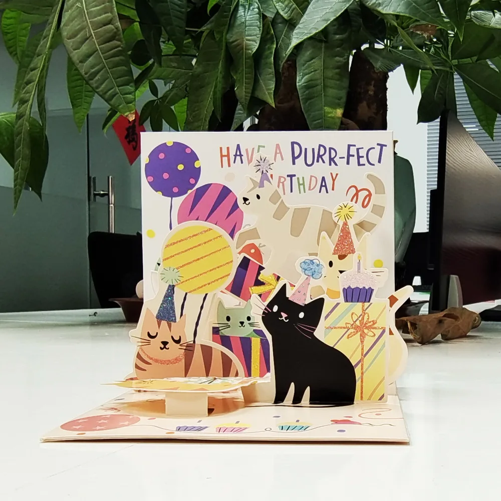 Greeting Cards Black Cat Lucky Cards Birthday 3D Greeting Card 90 Degrees Cute Cat Holiday Invitation Card Girls Gift Blessing