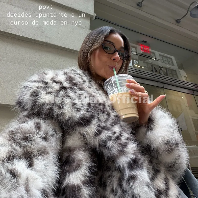 Neo Mint Vintage Classic Leopard Big Fur Collar Jacket Women Winter Brand Fashion Furry Faux Fox Fur Coats Chic Girls Streetwear