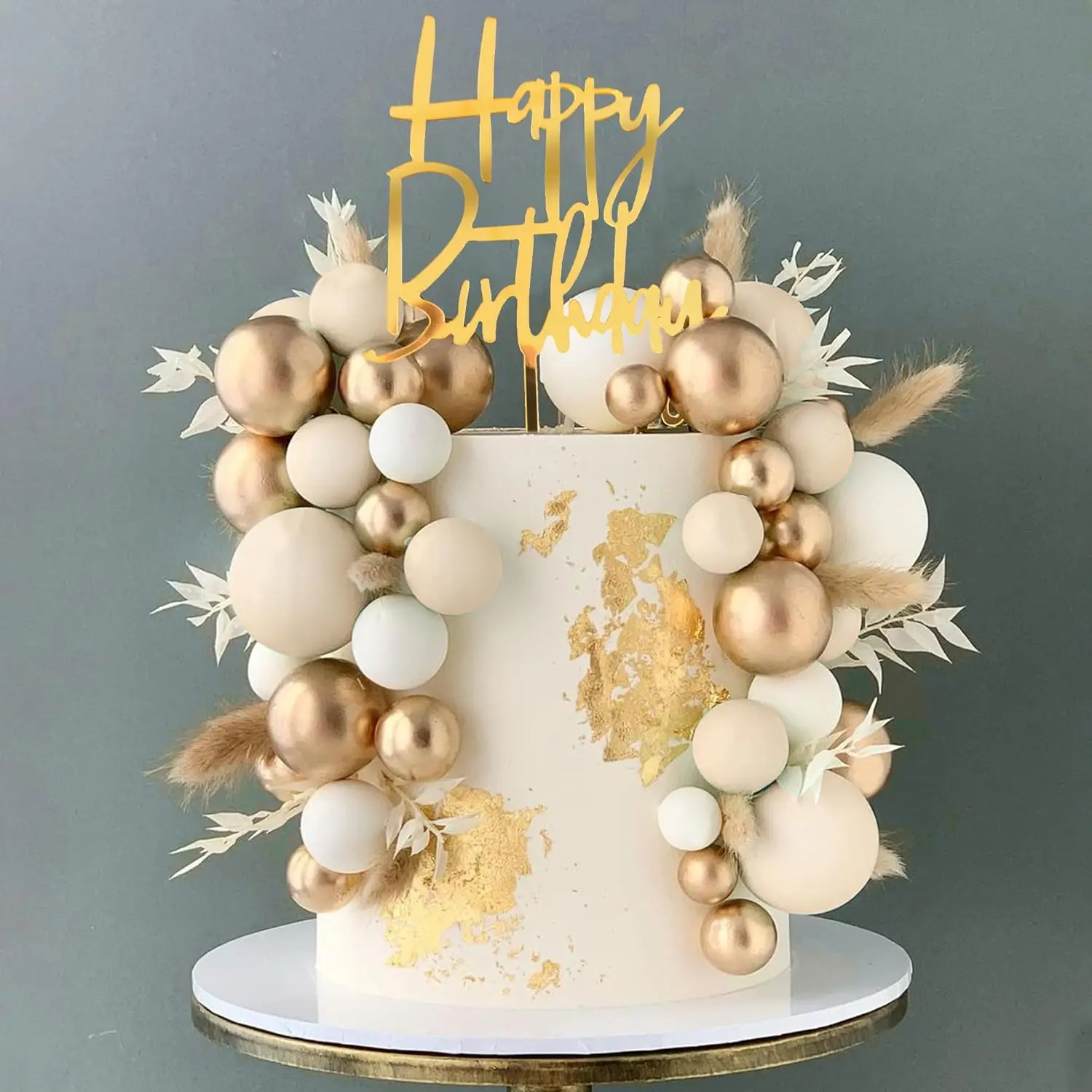39 Stück Khaki-Kugeln, Tortenaufsatz, Boho-Gras-Kuchenaufsatz, Khaki, Weißgold, Perlenkugeln, alles Gute zum Geburtstag, Kuchendekorationen für Hochzeit