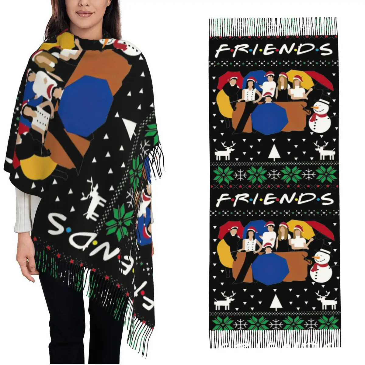 

Friends TV Show Christmas Scarf for Women Fall Winter Pashmina Shawl Wrap Long Scarves with Tassel Lightweight