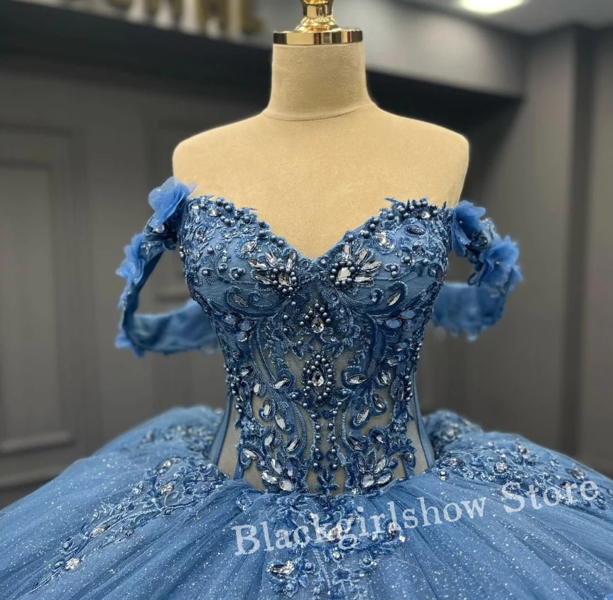 Princess Blue Quinceanera Dress Luxury Sheath Corset Sequin Applique Chapel Train vestido de 15 a&ntilde;os