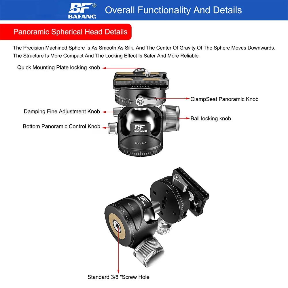 BAFANG Camera Tripod Ball Head 23/28/36/40/55mm Professional Aluminium 360 Rotating Panoramic Ball Head Max Loading 44lbs/20kg