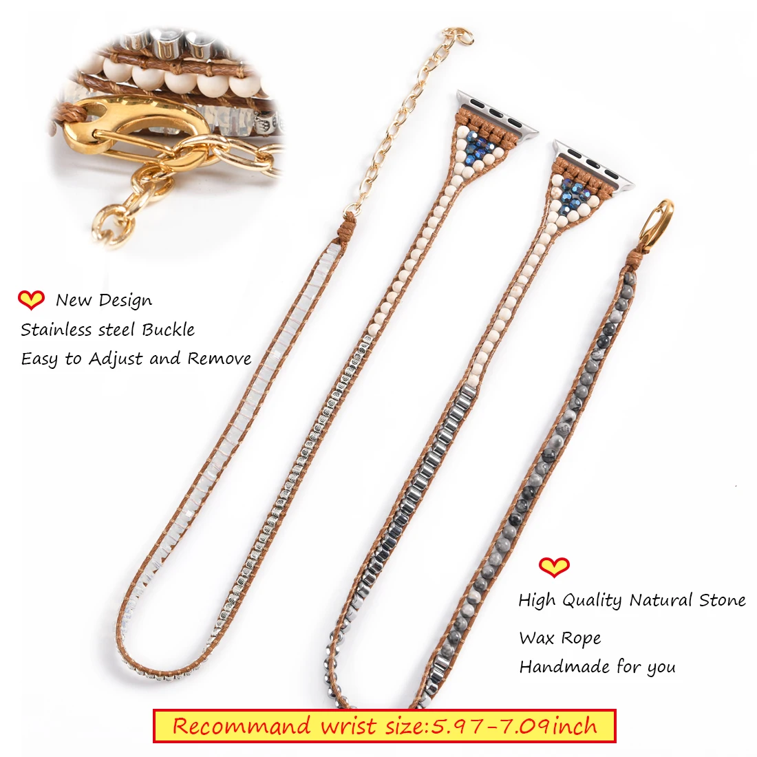 New Design Natural Stone Apple Watch Band Vegan Beaded Strap Smartwatch Bracelet For Iwatch Series 1-8 Accessories with Chain