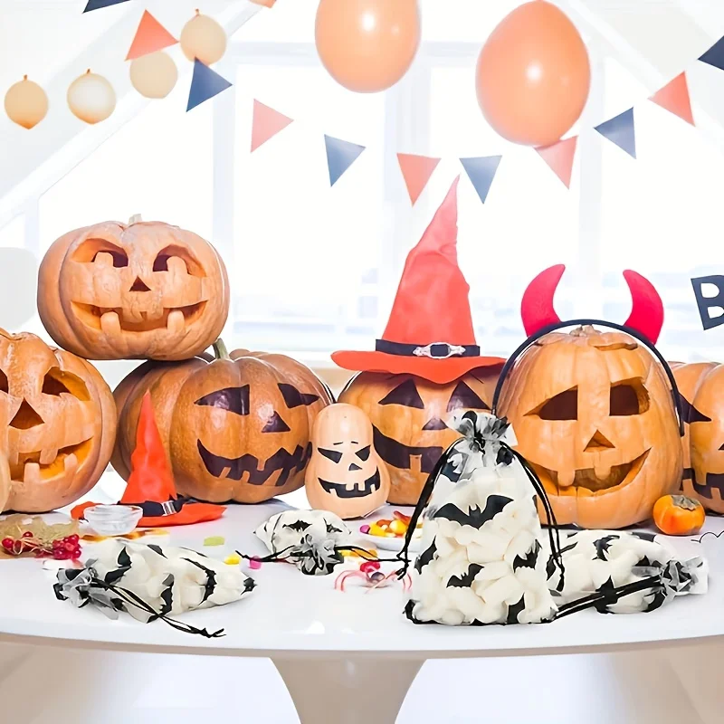 10/30/50 stücke Halloween Organza Geschenk Taschen Fledermaus Druck Verpackung Geschenk Hohe Qualität Kordelzug Süßigkeiten Tasche Geist Festival Dekorationen – Detail 4