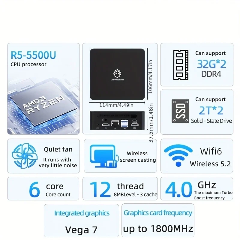 GenMachine Mini PC AMD 5500U 5600H 5600U CPU Win11 DDR4 WiFi6 Gamer Pc Computer Ryzen 4300U 4600H 4800H 5300U 4500U 2