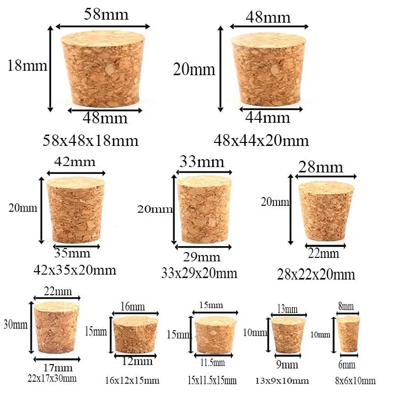 Wooden Cork Stopper 5/100pc Top DIA 8mm To 58mm Lab Test Tube Kettle Pudding Bottle Burette Tube Plug