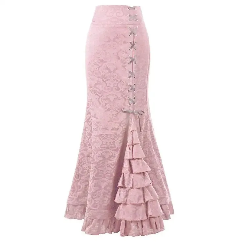 Gothic Medieval Vintage Fishtail Skirt High Waist Slim Floral Print Long Bodycon Steampunk Ruffe Bandage Mermaid Skirt Women