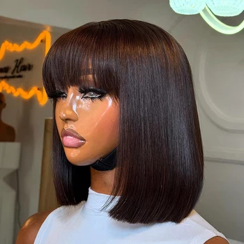 Parrucca Bob Liscia con Frangia, Densità 250, Realizzata a Macchina, Colore Naturale, Parrucche in Capelli Umani, Parrucche Bob Corte con Frangia per Donne