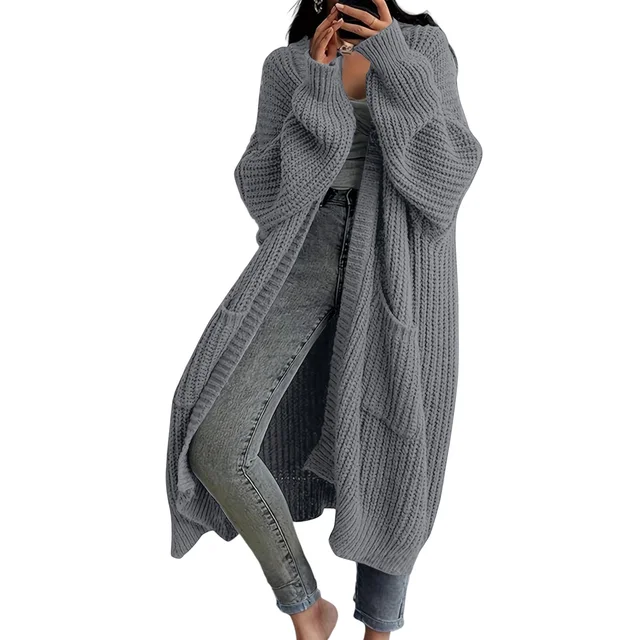 Women's Fashionable Solid Color Long Sleeved Knee Length Knitted Cardigan Fashion Lazy Trend Casual Warm Loose Outwear