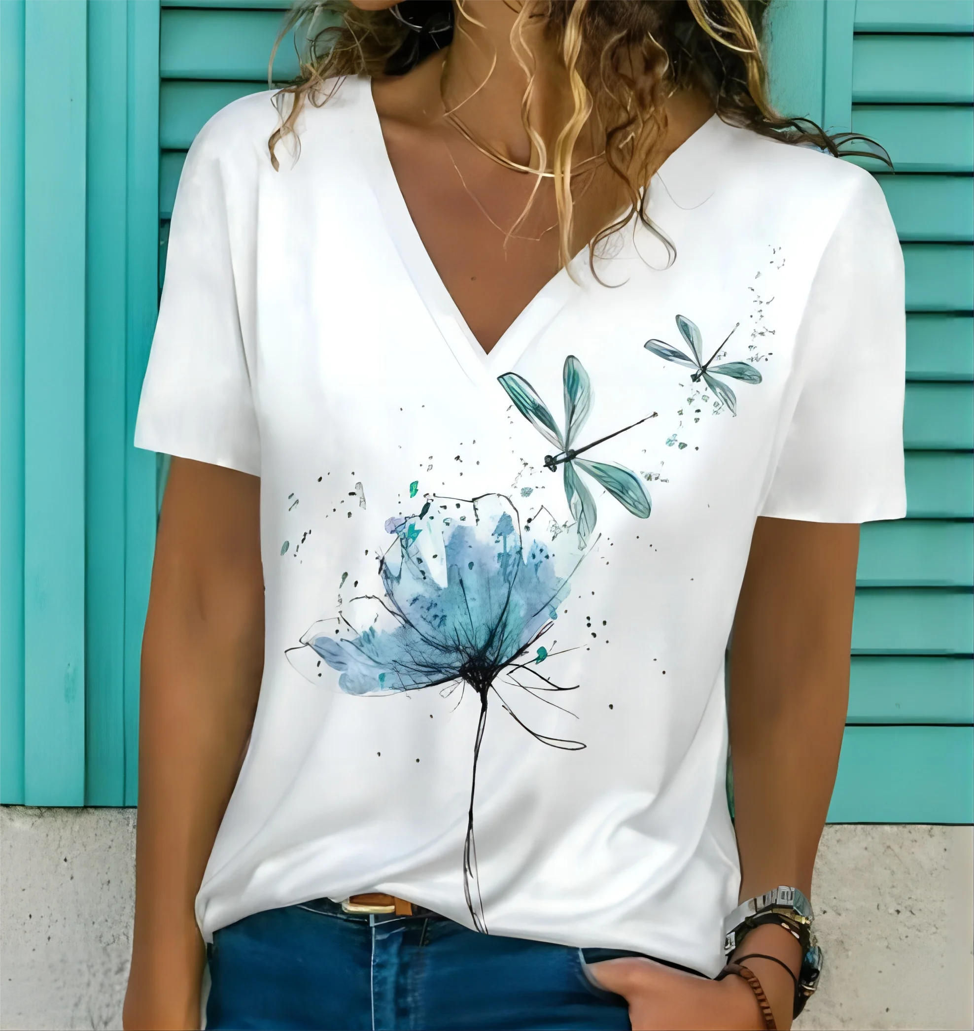 Minimalist women's T-shirt 3D T-shirt fashionable V-neck summer short sleeved loose street clothing women's casual women