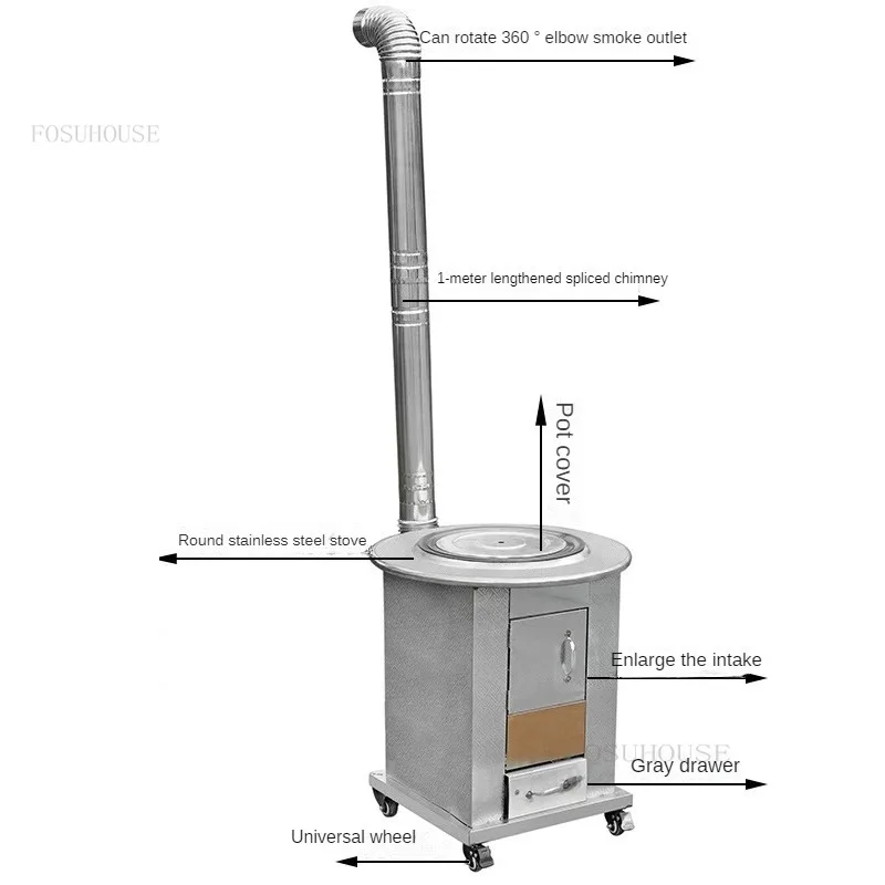 Portable Fire Pits Mobile Small Outdoor Firewood Stove Household Rural Energy-saving Stove Stainless Steel Fire Wood Heater