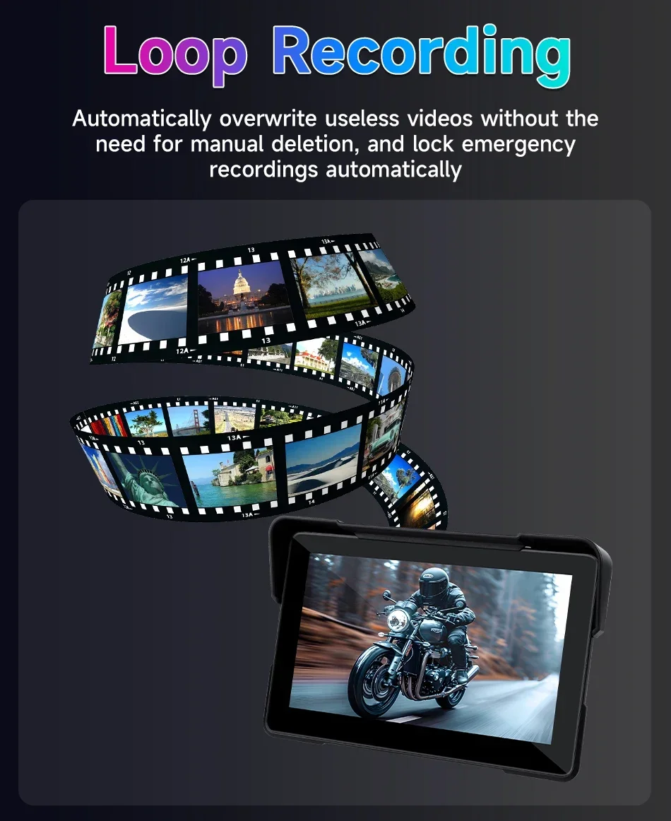 Srnubi 7 Zoll 2K HD Motorrad DVR Navigation GPS Wireless CarPlay Android Auto Airplay Display Tragbarer Moto-Monitor – Detail 13