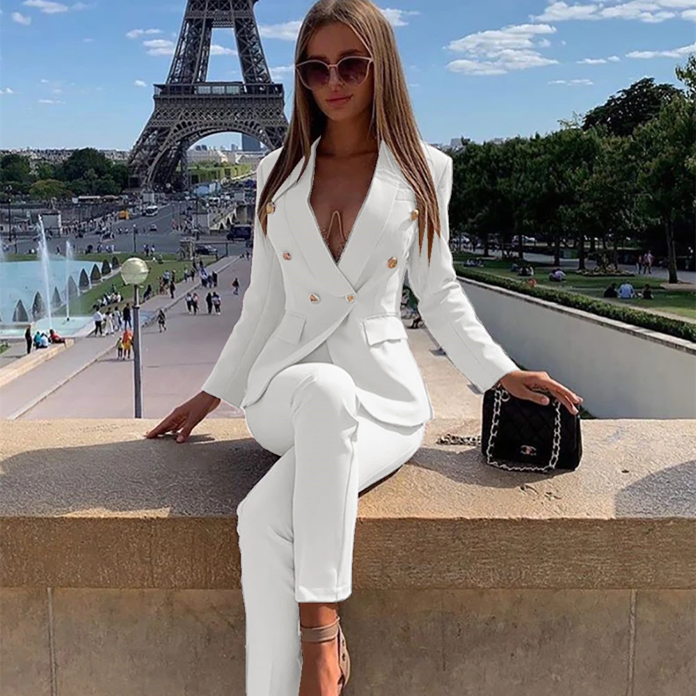 

Women's Suit 2 Pieces White Business Classic Double-breasted Buttons For Wedding Shopping Office Work Set Jacket With Pants