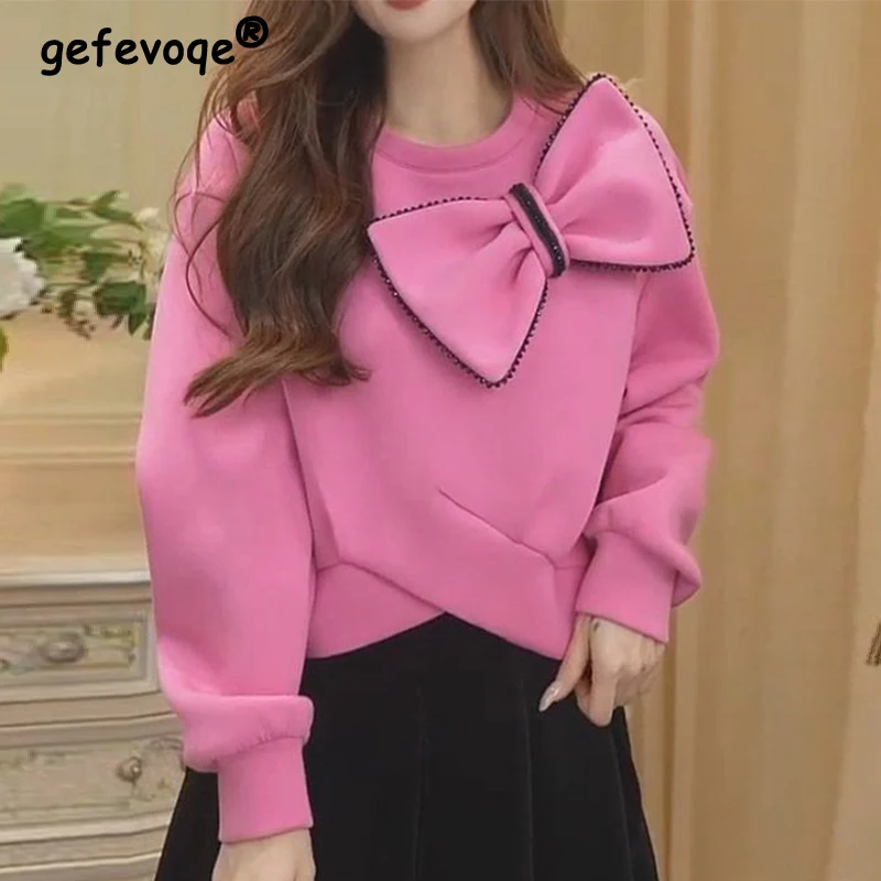 

Spring Autumn Round Neck Solid Color Bow Sweatshirt Female Loose Casual All-match Top Women Elegant Add Plush Irregular Pullover