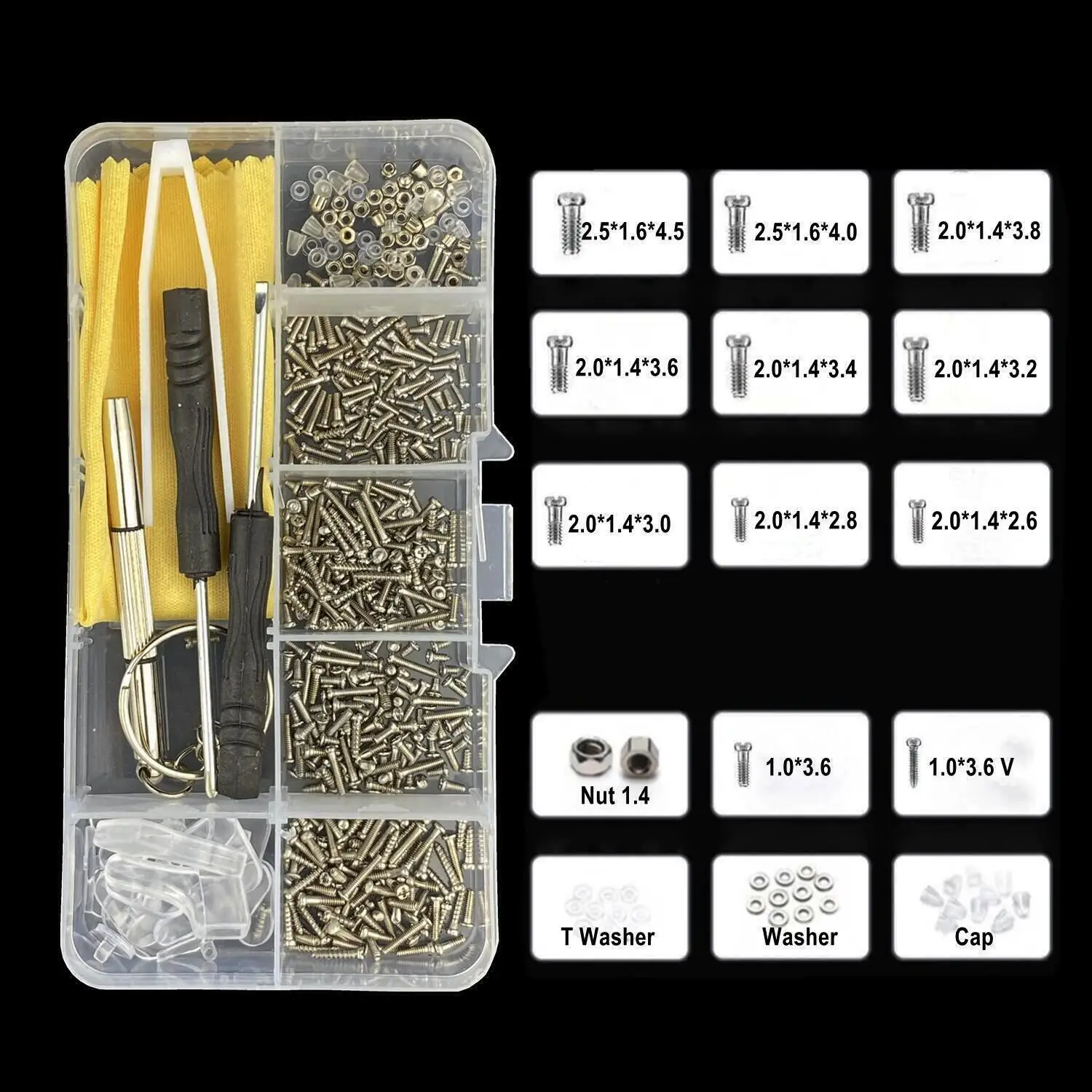 500 Pcs 안경 선글래스 수리 도구 키트 나사 코 패드 스크루 드라이버 너트 광학 부품 모듬