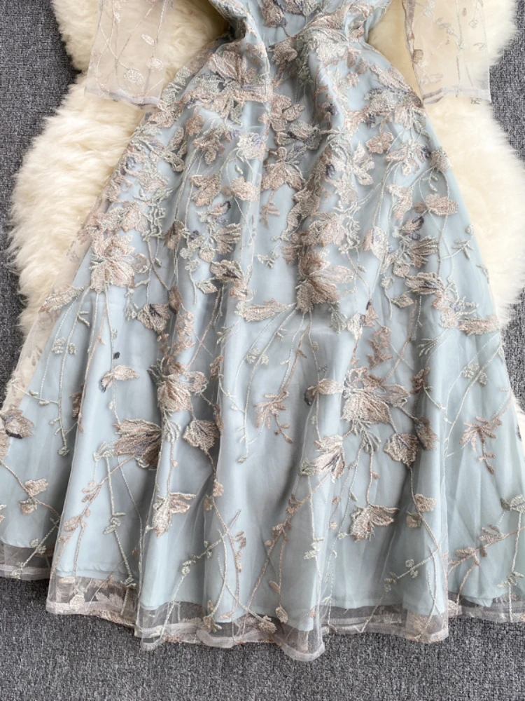 New Women Vintage Mesh Dress Summer Embroidered Floral