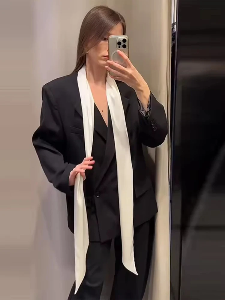 Elegant Color-block Scarf Detachable Blazer Women Chic Lapel Double Breasted Loose Jacket Female 2026 Spring Autumn Lady Coat ﻿