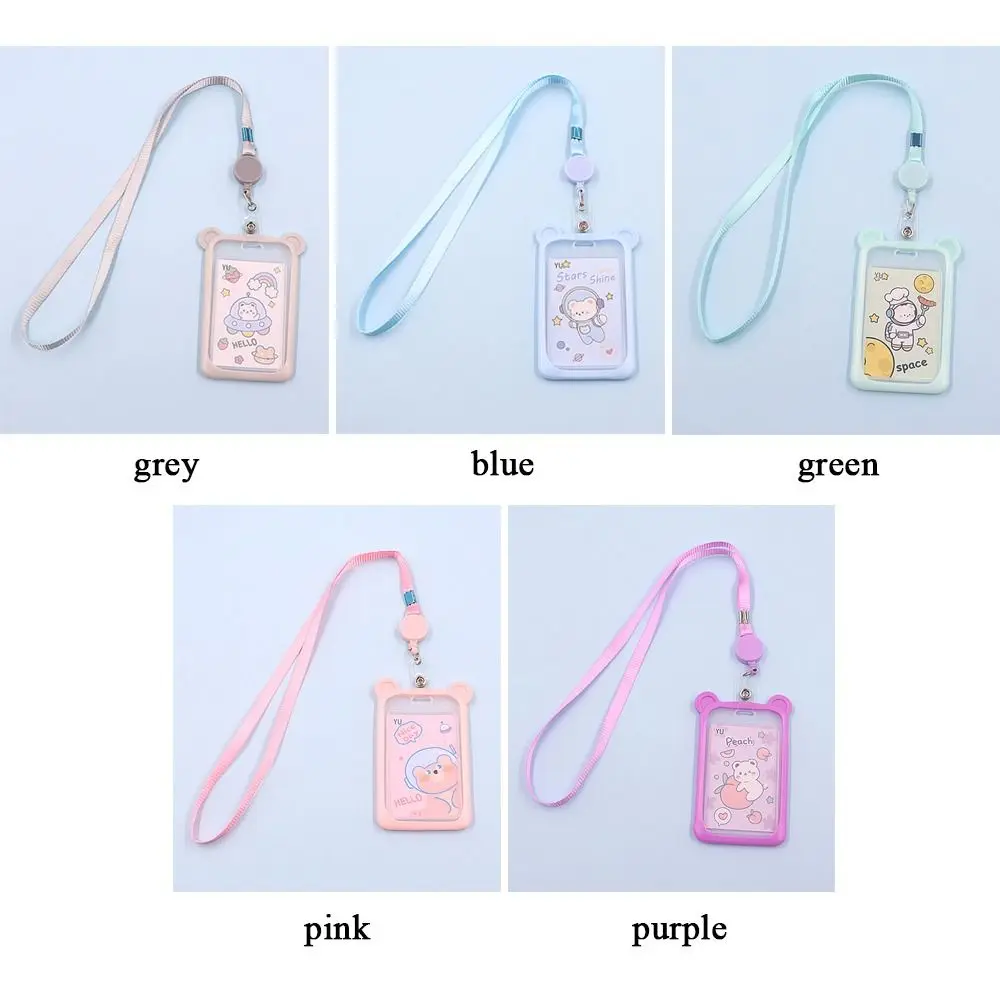 Cartoon Bear Card Holder Bank Identity Bus ID Card Sleeve Case Retractable Reel Lanyard Plastic Silicone Credit Cover