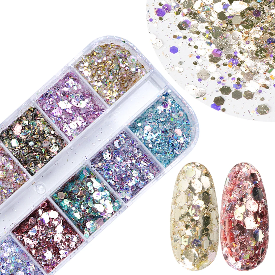 Mermaid Hexagon Nail Glitter Powder Flakes 12 Grids nail powder,nail glitter,nail decoration,nail decorations,nail flakes