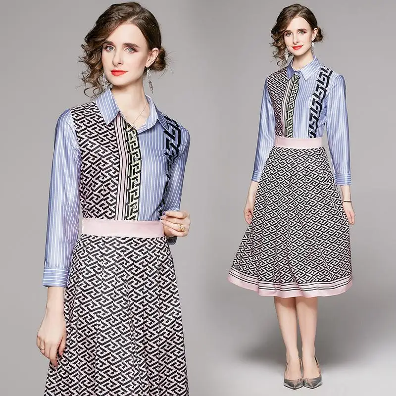 

New Autumn Occident Long Sleeve Polo Neck T-shirt Skirt For Female Simple Straped Patchwork Single Breasted Tunic Casual Dresses