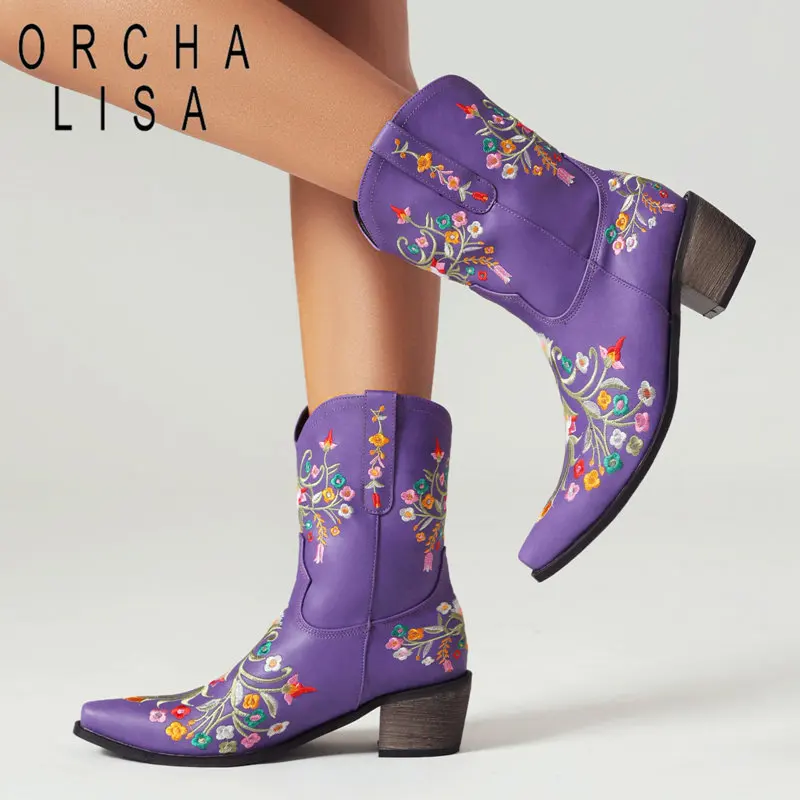 

ORCHA LISA Design Women Ankle Boots Square Toe Block Heels 5cm Slip On Large Size 48 49 50 Embroider Fashion Daily Western Booty