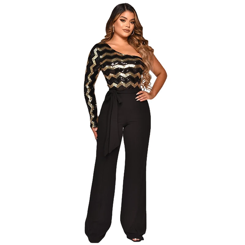 

Elegant Patchwork Sequin Jumpsuits for Women Sashes One Shoulder Rompers Women Jumpsuit Wide Leg Long Pants One Piece Overalls