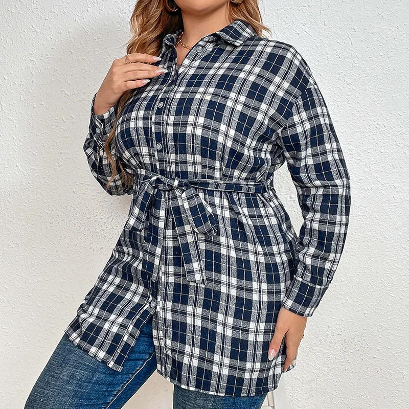 Fashion Women's Clothing Plaid Print Turn-down Collar Button Long Sleeve Blouse Bandage Open Stitch Plus Size Slim Midi Shirt