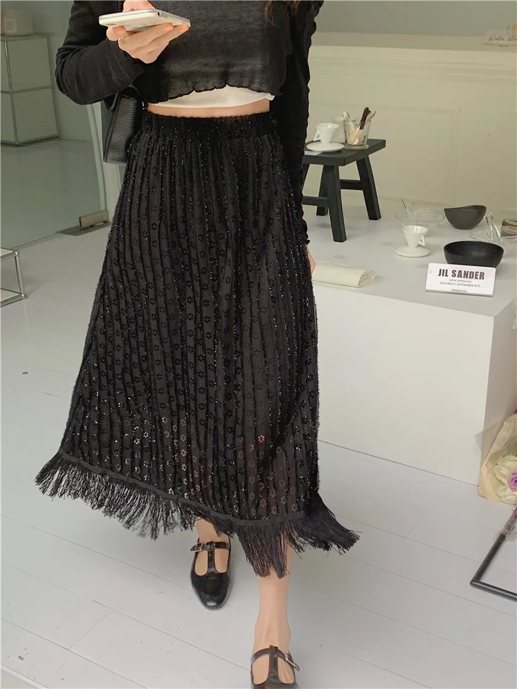 Hollow Lace Knitted Skirt Tassels Pleated Long Skirts Korean Elegant Casual Elastic High Waist Skirt Black Apricot Spring Summer white pleated skirt