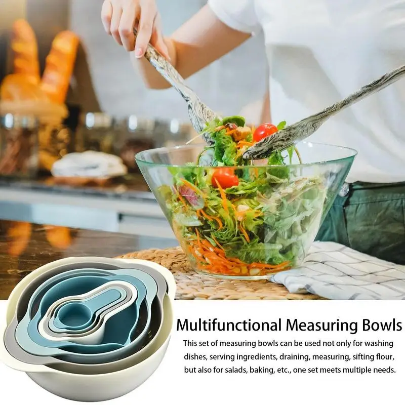 

8PCS Plastic Cooking Measuring Set includes 2 Mixing Bowls 1 Drainer basket 1 Strainer and 4 Measuring Cups Kitchen accessories