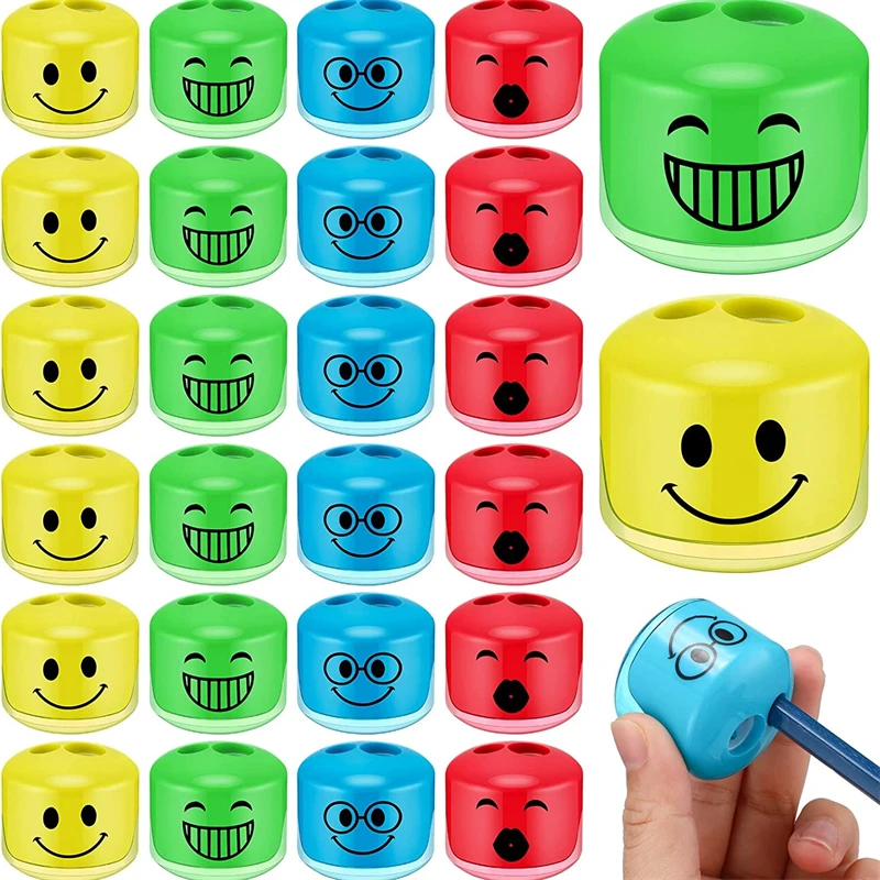 

24 PcsPencil Sharpeners Kids Handheld Pencil Sharpener Manual Dual Holes Pencil Sharpeners Cartoon Expression Pencil Sharpener