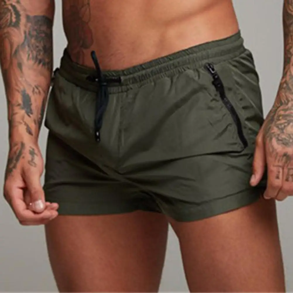 Description Picture 2 of itemMen Summer Casual Shorts Elastic Drawstring Waist Zipper Pockets Shorts Solid Color Quick Drying Running Shorts Streetwear