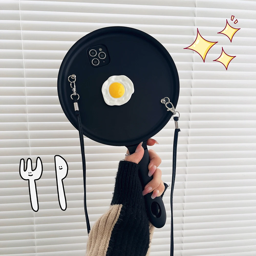 Crossbody Strap 3D Frying Pan Phone Case - Cute Shockproof Pot INS Fashion Cover