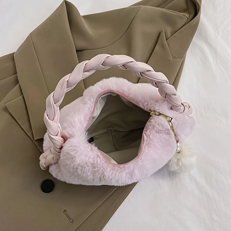 Fashion Fluffy Shoulder Bag Trendy Plush Underarm Bag Women's Casual Handbag & Hobo Purse for Winter Gift for Lover