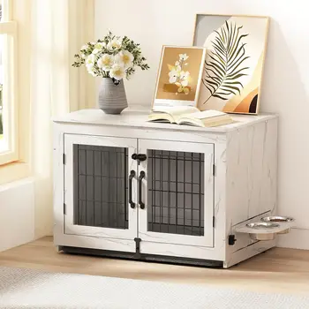 Piskyet Wooden Dog Crate Furniture with 360°Rotatable Removable Dog Bowls, Dog Crate End Table with Tray, Double Doors Kennels 6