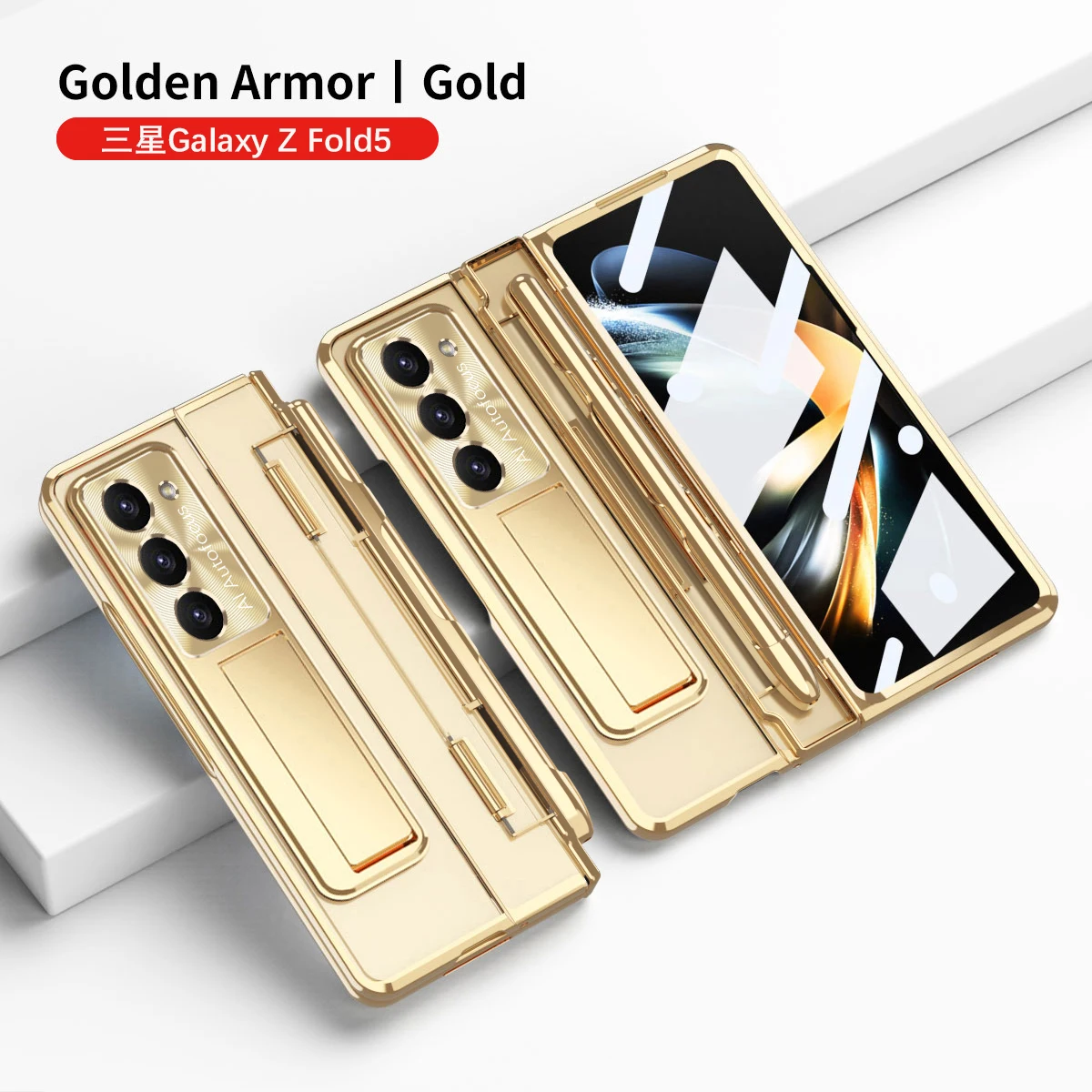 With Touch Pen Case For Samsung Galaxy Z Fold 6 5 4 3 Plating Clear Hinge Full Protector Tempered Film Folding Kickstand Cover
