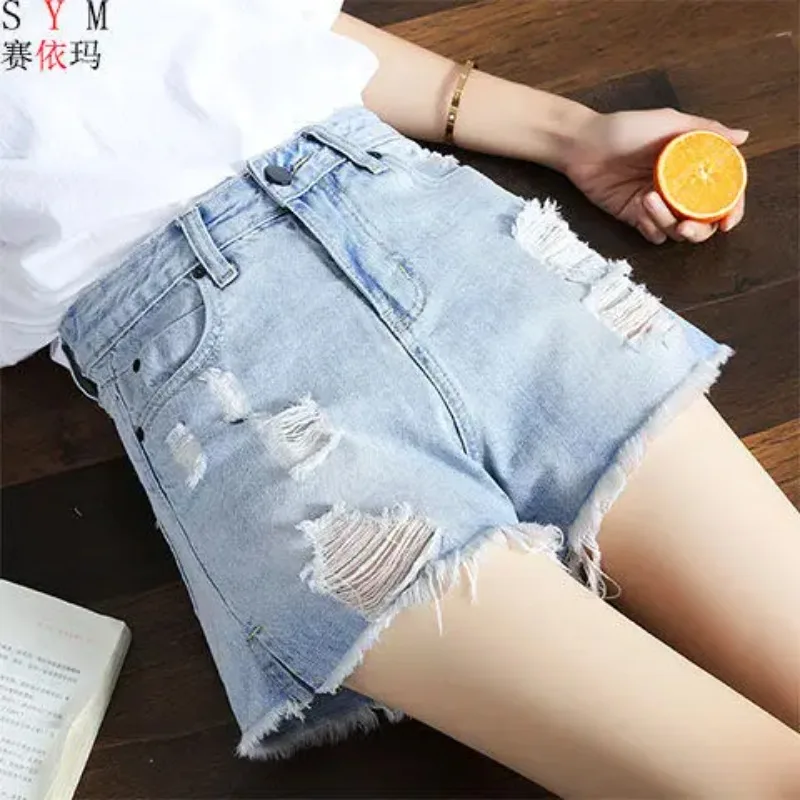 

Denim Shorts Women's Summer New Style Korean Loose Loose Wild High Waist Slimming Holes A-line Outer Wear Hot Pants