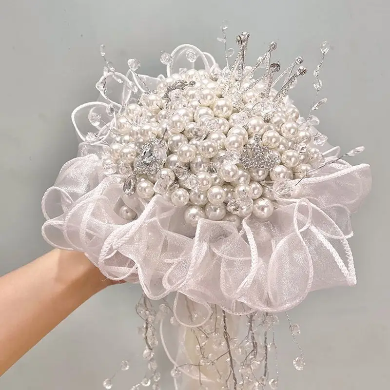 Elegant Bridal Bouquets With Pearls Handmade Flowers Bouquet Ribbon Handle Wedding Accessories Wedding Gifts Photo Props