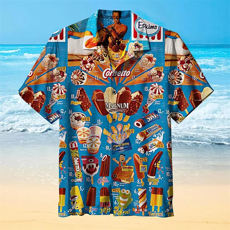 thumbnail image 1 of Camisa hawaiana con estampado de helado para hombre, camisa holgada de manga corta con estampado 3D de empalmes coloridos, blusa con solapa para verano, 1 of 5