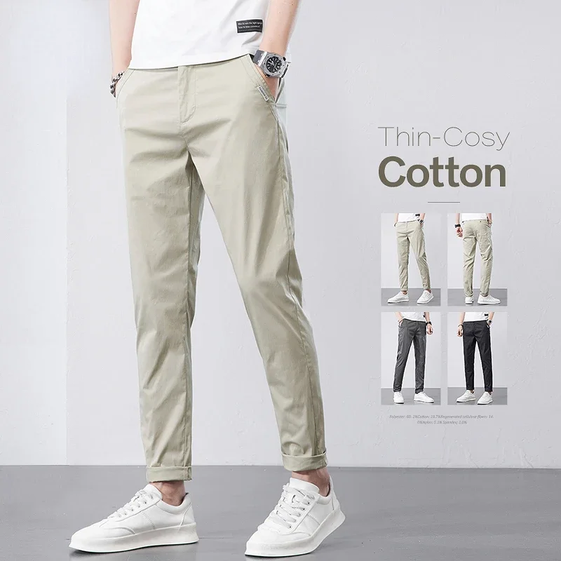 

2023 New Summer Khaki Cosy Cotton Casual Pants Men Thin Straight Fit Fashion Brand Clothing Solid Color Appliques Trousers Male