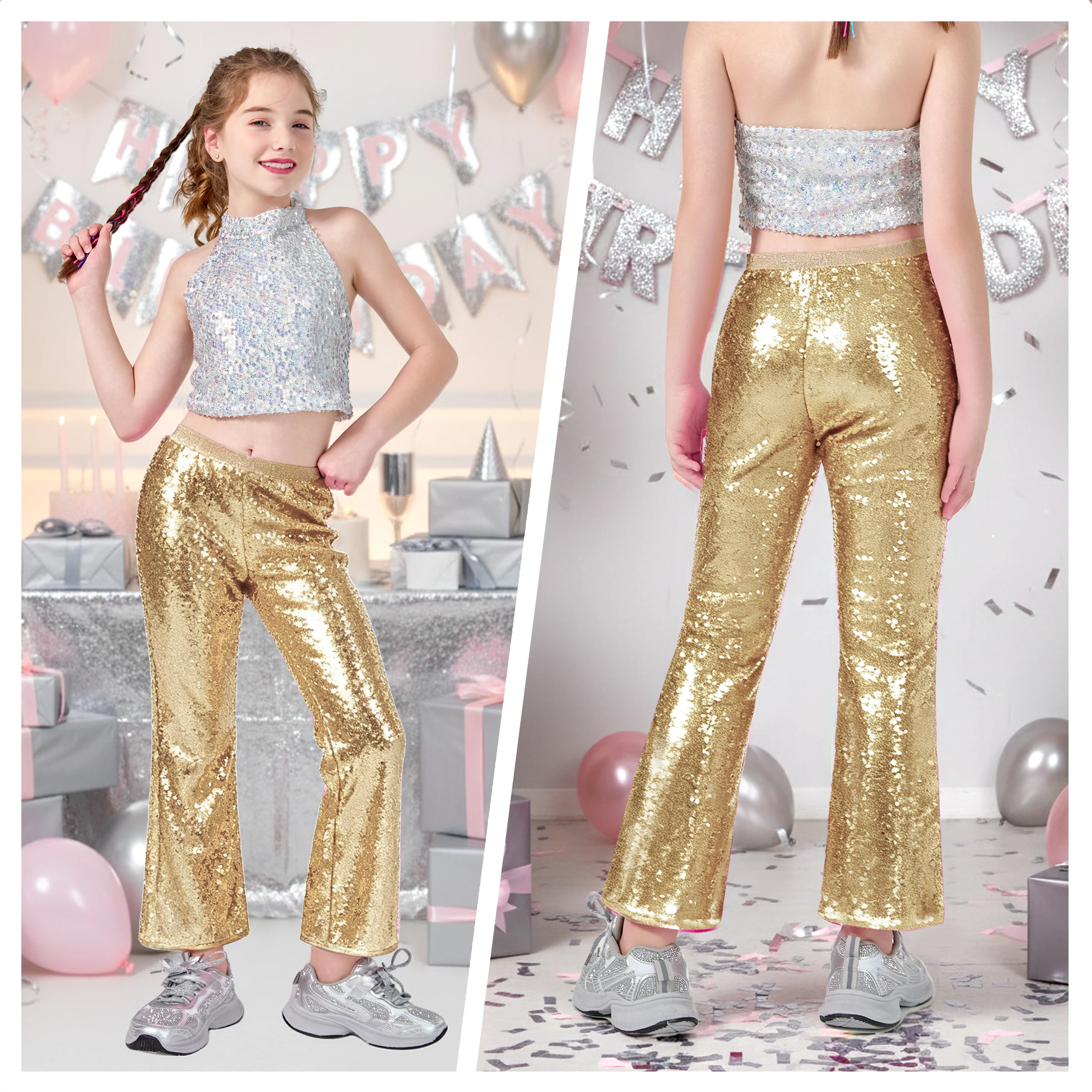 LOlanta Girls Sequin Flare Pants Sparkle Bell Bottoms Kids