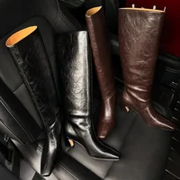Women's genuine leather 5.5cm thin high heel square toe slip-on autumn knee high knight boots elegant ladies long boots shoes - Image 5