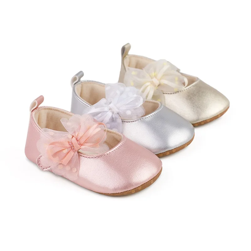 Infant Baby Girls Princess Shoes Shine Surface Dot Print Mesh Bowknot Flats Non-Slip Wedding Slippers Adorable Baby Shoes 2