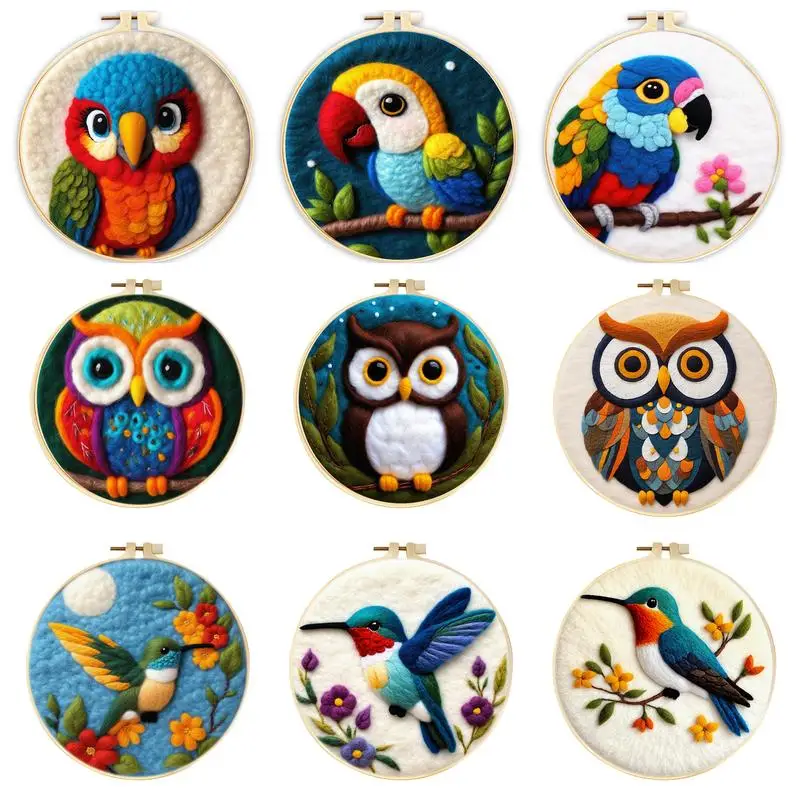 Diy Wool Felting Painting With Embroidery Frame 20x20cm Parrot Owl Bird Needle Wool Painting Picture For Diy Gift